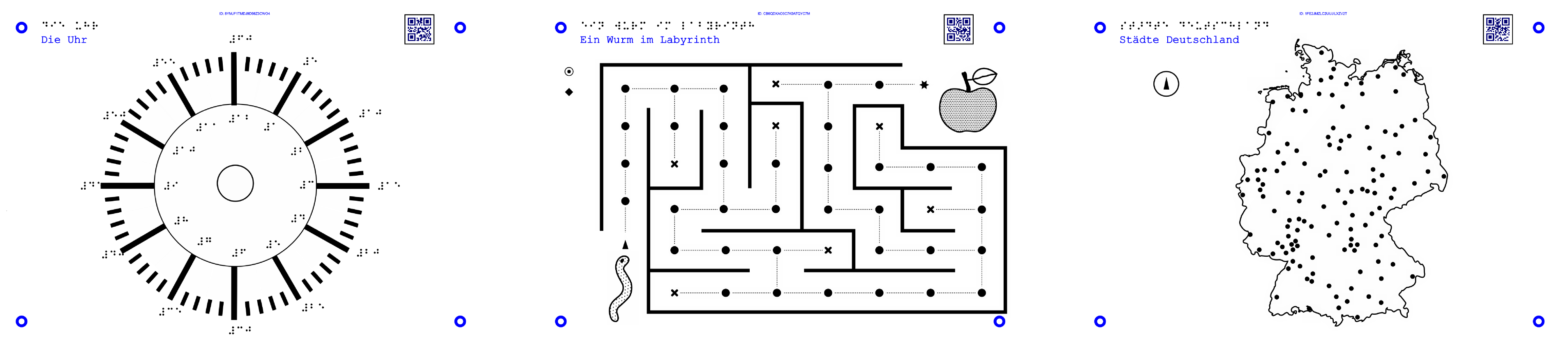 11Es werden 3 Grafiken gezeigt: Uhr, Labyrinth-Spiel Deutschland-Städte-Karte